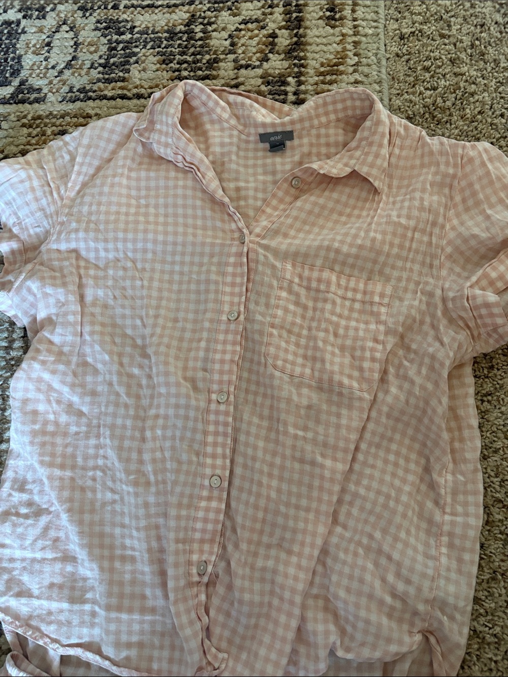 aerie Pink Gingham Pajama Set - Button-Up Top & Drawstring Shorts - Picture 2 of 5